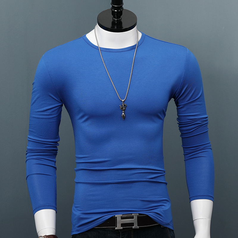 Tricou de bărbați cu mâneci lungi, guler rotund, croială slim, din amestec modal-bumbac, uni, toamnă