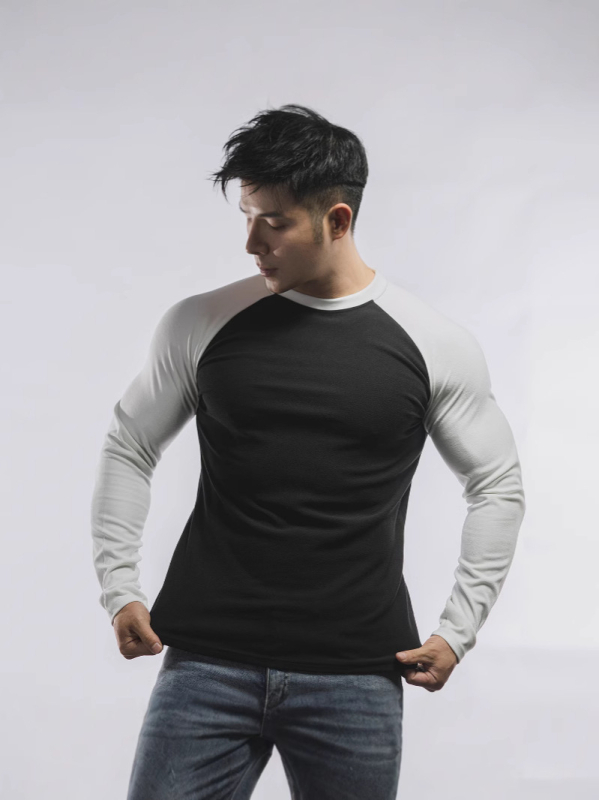 Tricou cu mânecă lungă pentru bărbați, croială musculară, bloc de culoare, primăvară-toamnă, sport-casual.