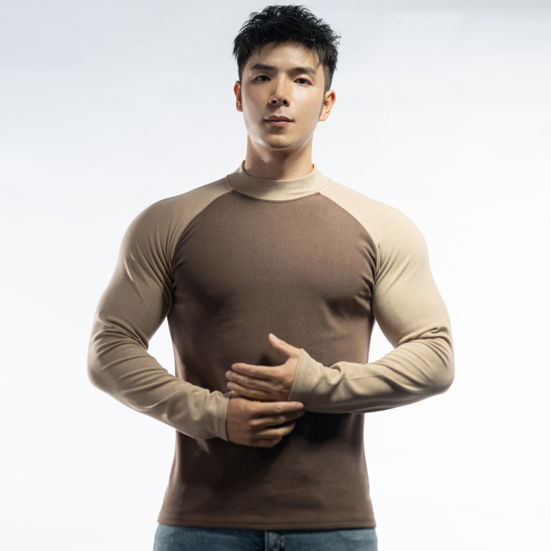 Tricou cu mânecă lungă pentru bărbați, croială musculară, bloc de culoare, primăvară-toamnă, sport-casual.