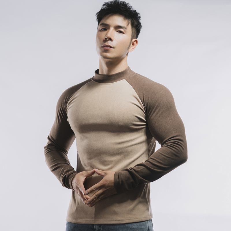 Tricou cu mânecă lungă pentru bărbați, croială musculară, bloc de culoare, primăvară-toamnă, sport-casual.