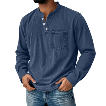 Férfi hosszú ujjú T-shirt 3D nyomtatással, háromgombos nyitott elülső rész, mindennapi stílus