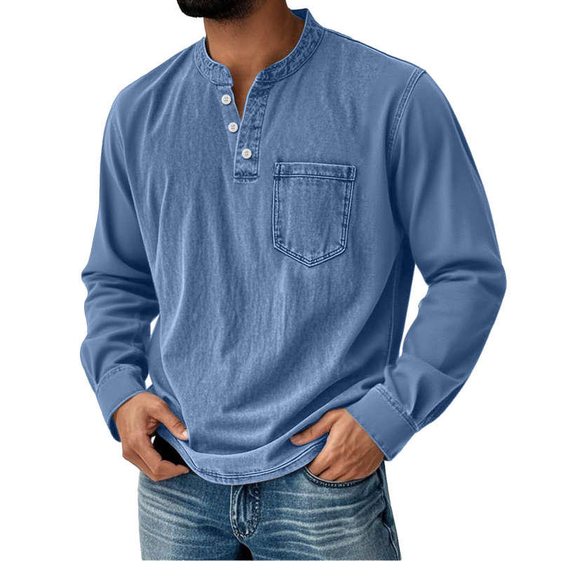 Férfi hosszú ujjú T-shirt 3D nyomtatással, háromgombos nyitott elülső rész, mindennapi stílus