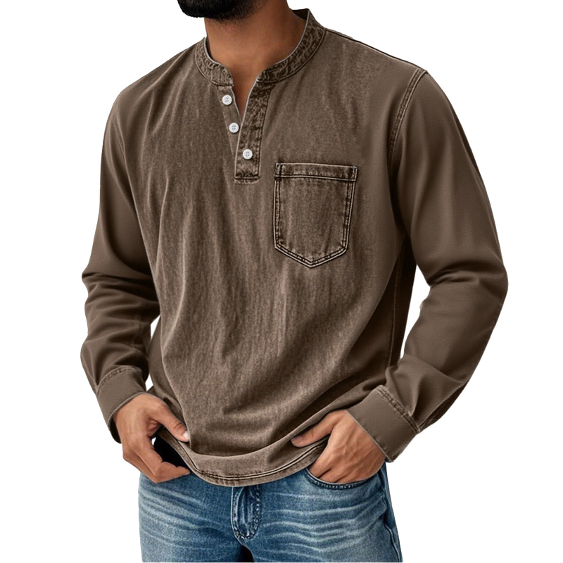 Férfi hosszú ujjú T-shirt 3D nyomtatással, háromgombos nyitott elülső rész, mindennapi stílus