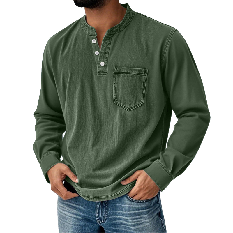 Férfi hosszú ujjú T-shirt 3D nyomtatással, háromgombos nyitott elülső rész, mindennapi stílus