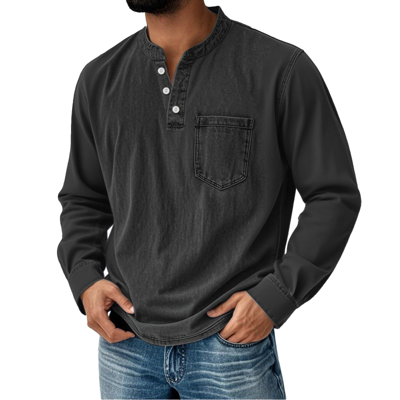 Férfi hosszú ujjú T-shirt 3D nyomtatással, háromgombos nyitott elülső rész, mindennapi stílus