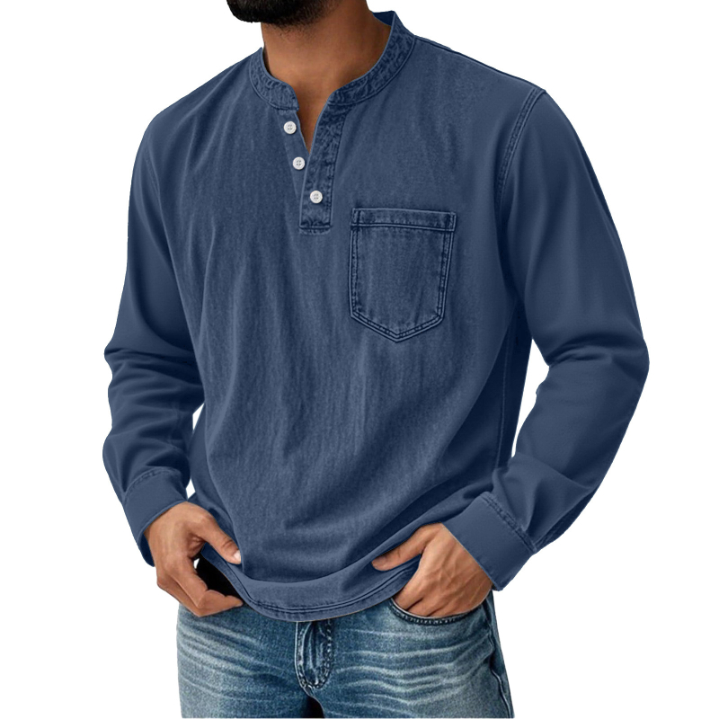 Férfi hosszú ujjú T-shirt 3D nyomtatással, háromgombos nyitott elülső rész, mindennapi stílus