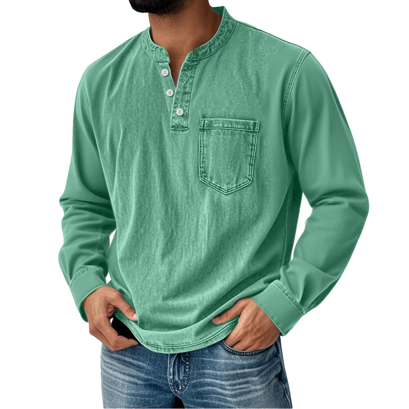 Férfi hosszú ujjú T-shirt 3D nyomtatással, háromgombos nyitott elülső rész, mindennapi stílus