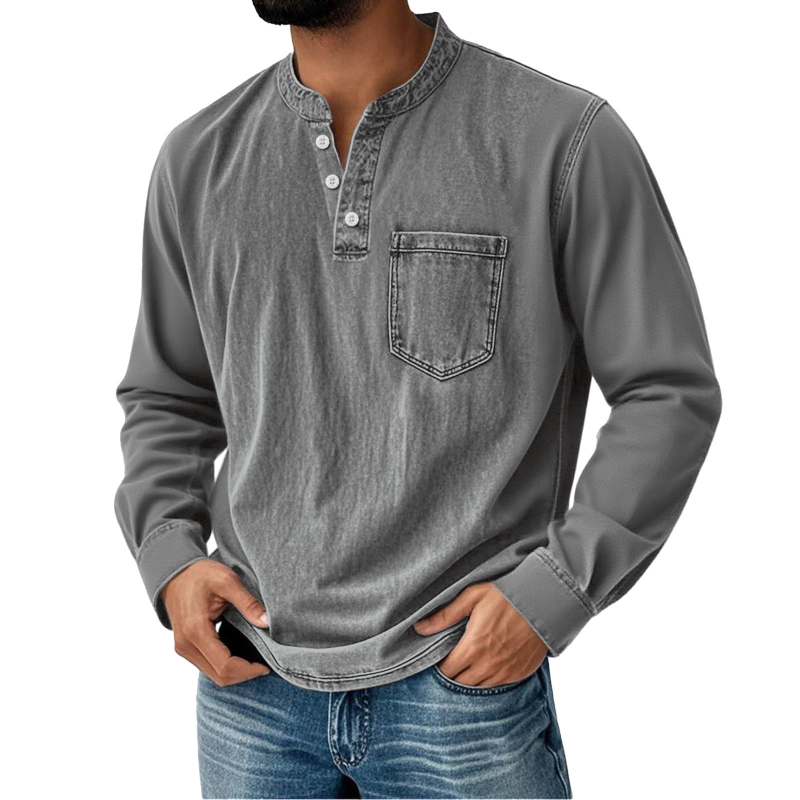 Férfi hosszú ujjú T-shirt 3D nyomtatással, háromgombos nyitott elülső rész, mindennapi stílus