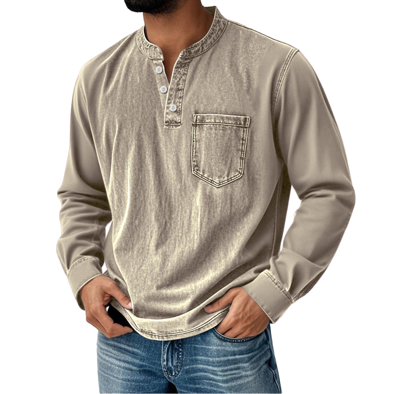 Férfi hosszú ujjú T-shirt 3D nyomtatással, háromgombos nyitott elülső rész, mindennapi stílus
