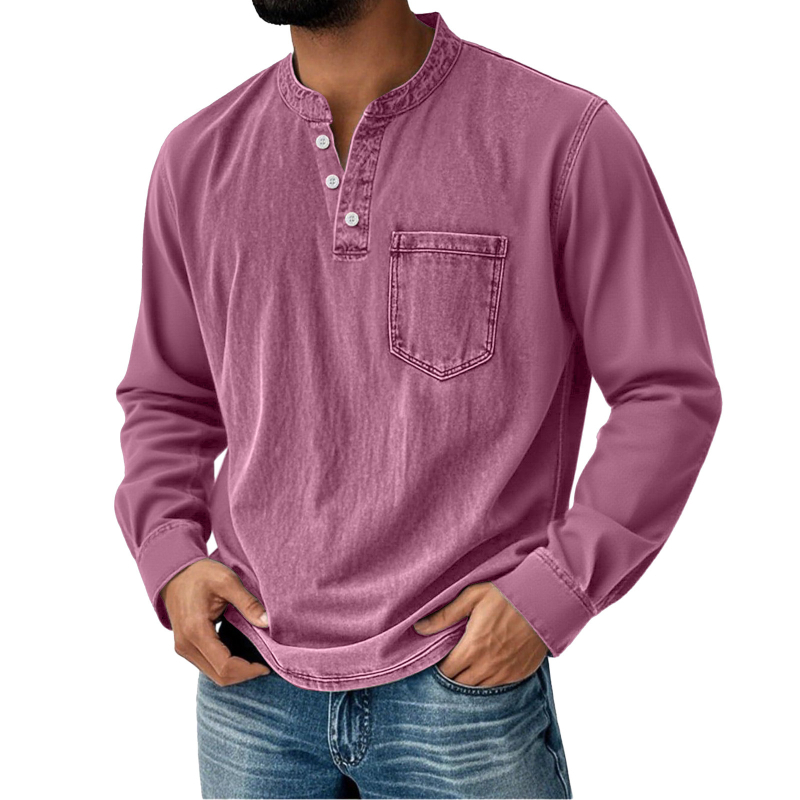 Férfi hosszú ujjú T-shirt 3D nyomtatással, háromgombos nyitott elülső rész, mindennapi stílus