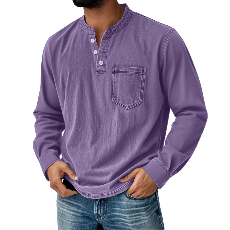 Férfi hosszú ujjú T-shirt 3D nyomtatással, háromgombos nyitott elülső rész, mindennapi stílus
