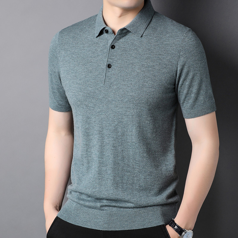 Tricou bărbătesc din lână 100%, ușor, cu mâneci scurte și guler rotund, culoare solidă 3505