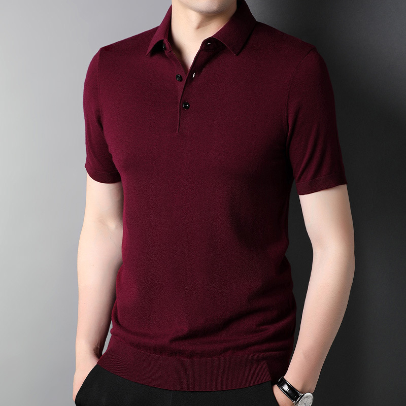 Tricou bărbătesc din lână 100%, ușor, cu mâneci scurte și guler rotund, culoare solidă 3505