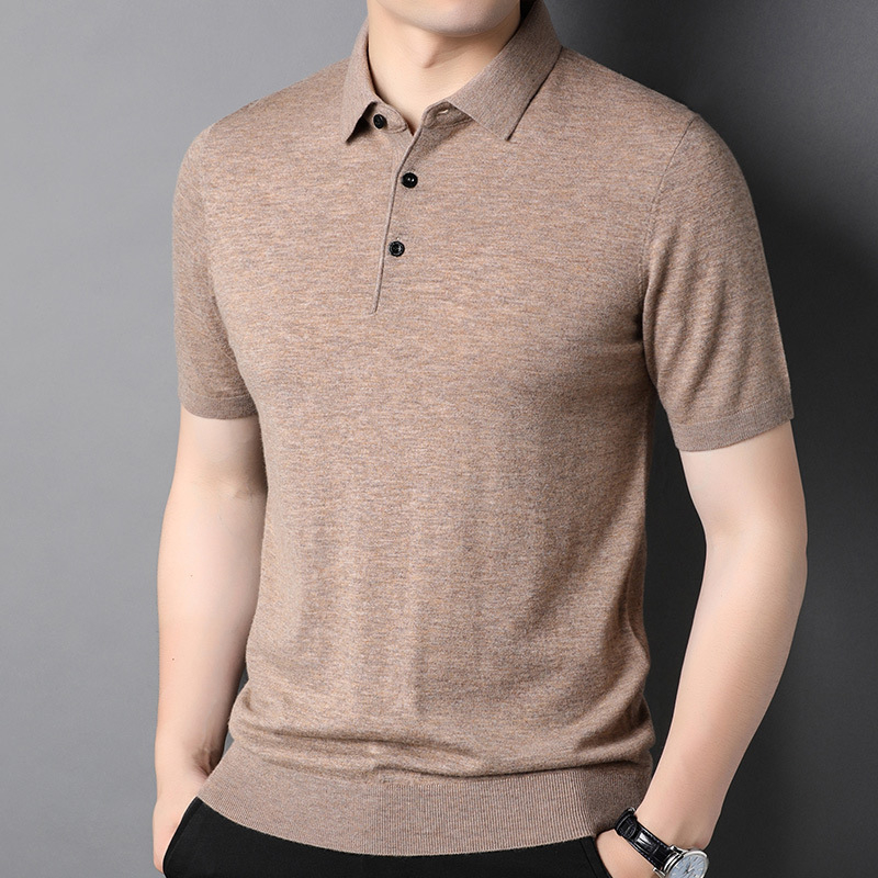 Tricou bărbătesc din lână 100%, ușor, cu mâneci scurte și guler rotund, culoare solidă 3505