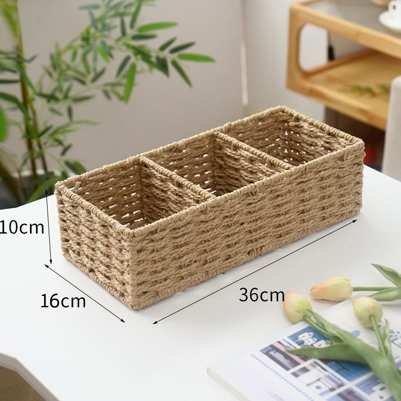 Japanskog stila minimalistička stolna košara za pohranu s tri odjeljka, pletena od papirnatog užeta, za grickalice i sitnice