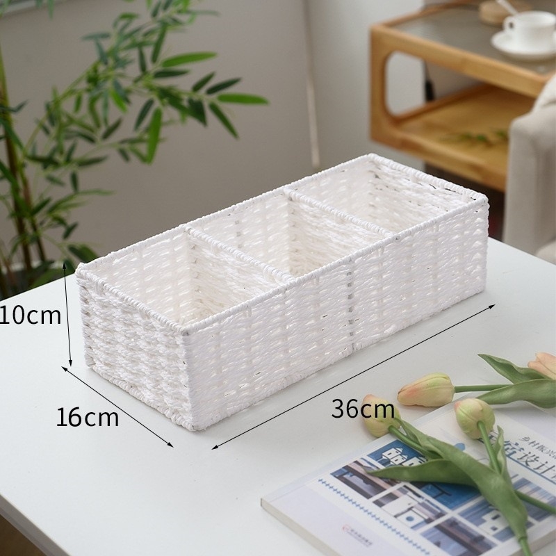 Japanskog stila minimalistička stolna košara za pohranu s tri odjeljka, pletena od papirnatog užeta, za grickalice i sitnice