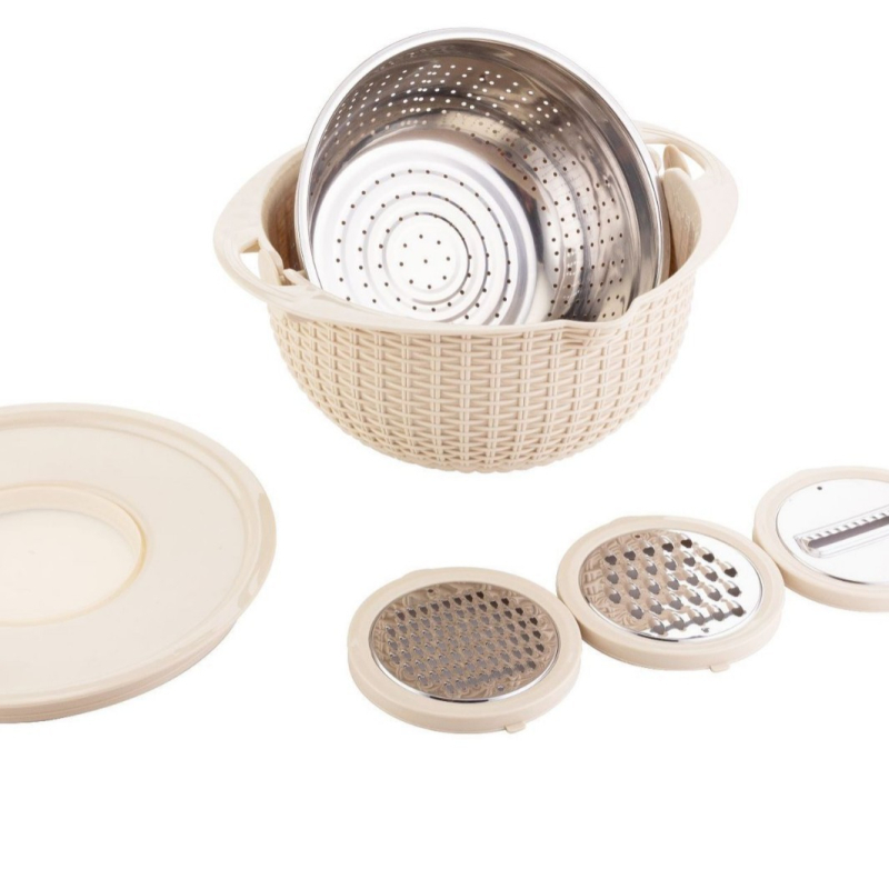 Set od nehrđajućeg čelika za kuhinju: posuda za pranje povrća, odvodna posuda, koš za voće i povrće, naribac i sjeckalica