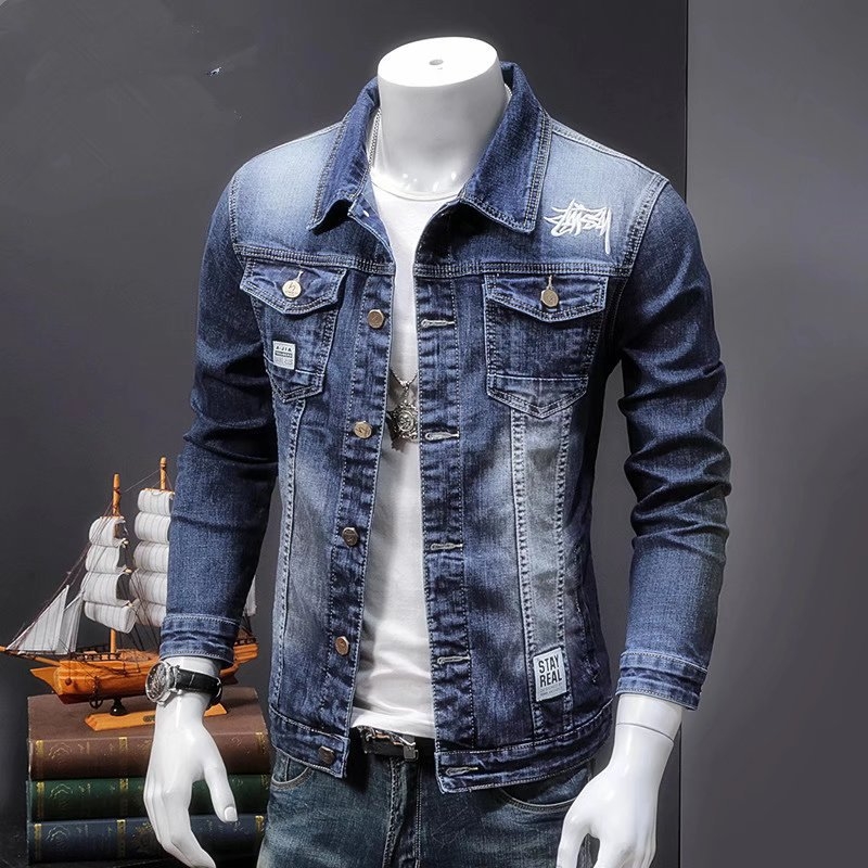 Férfi denim dzseki, trendi és stílusos, sokoldalú laza felső őszre, koreai stílusú karcsúsított szabású hímzett dzseki.