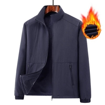 Férfi téli dzseki fleece-béléssel, szélálló és meleg, plusz méret, álló gallér, egyszínű, oldalzsebek, cipzárral záródó