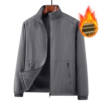 Férfi téli dzseki fleece-béléssel, szélálló és meleg, plusz méret, álló gallér, egyszínű, oldalzsebek, cipzárral záródó