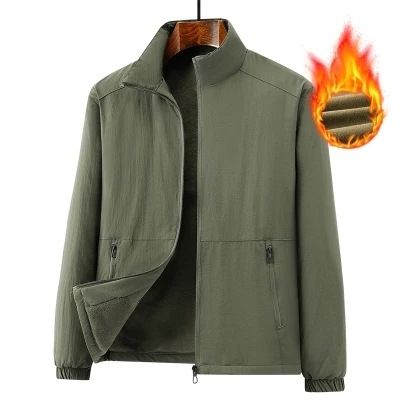 Férfi téli dzseki fleece-béléssel, szélálló és meleg, plusz méret, álló gallér, egyszínű, oldalzsebek, cipzárral záródó