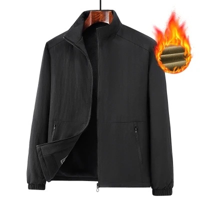 Férfi téli dzseki fleece-béléssel, szélálló és meleg, plusz méret, álló gallér, egyszínű, oldalzsebek, cipzárral záródó