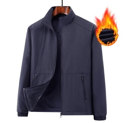 Férfi téli dzseki fleece-béléssel, szélálló és meleg, plusz méret, álló gallér, egyszínű, oldalzsebek, cipzárral záródó