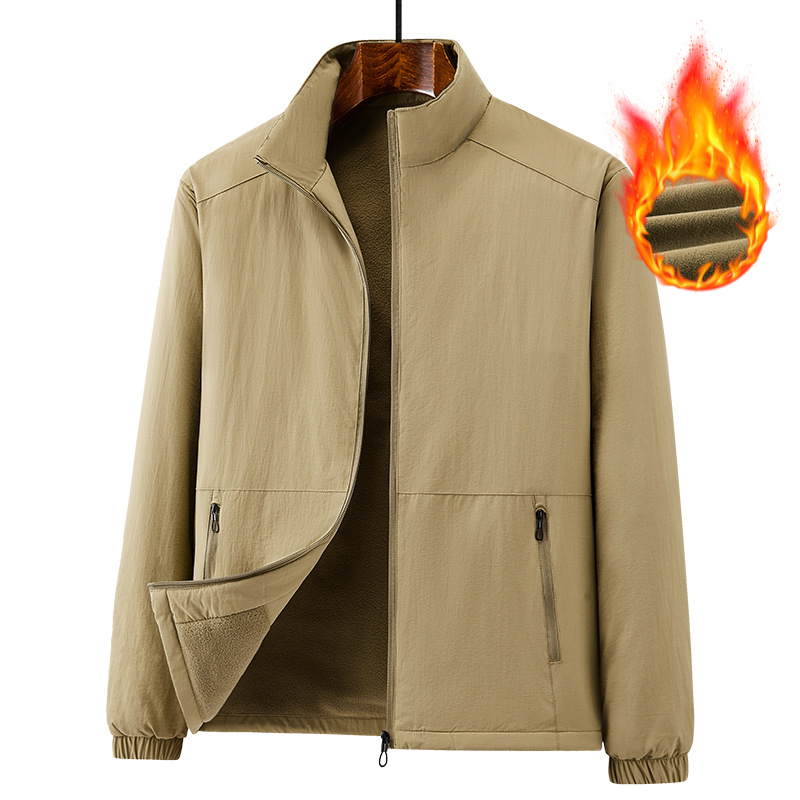 Férfi téli dzseki fleece-béléssel, szélálló és meleg, plusz méret, álló gallér, egyszínű, oldalzsebek, cipzárral záródó