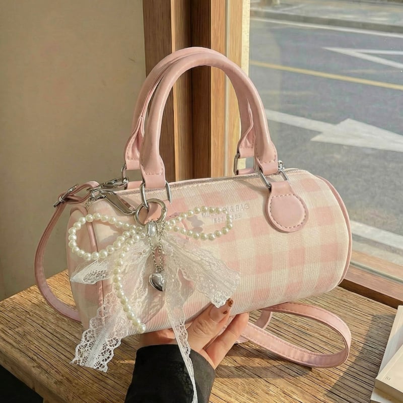 Ženska cilindrična torbica u obliku jastuka s kariranim uzorkom, preko ramena ili crossbody