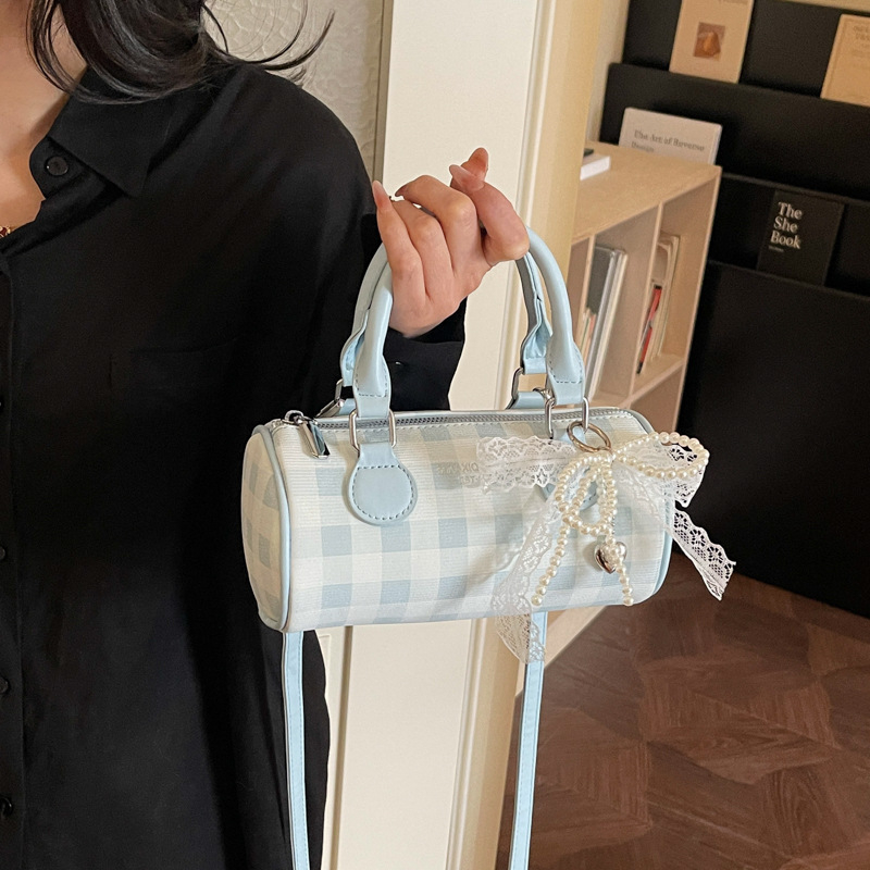 Ženska cilindrična torbica u obliku jastuka s kariranim uzorkom, preko ramena ili crossbody