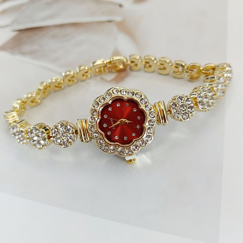 Ženski kvarcni sat s narukvicom, cvjetni dizajn s cirkonijima, elegantan stil, 24 mm brojčanik, kućište od legure, dekorativno svjetsko vrijeme
