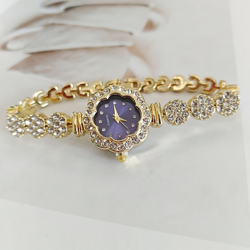 Ženski kvarcni sat s narukvicom, cvjetni dizajn s cirkonijima, elegantan stil, 24 mm brojčanik, kućište od legure, dekorativno svjetsko vrijeme
