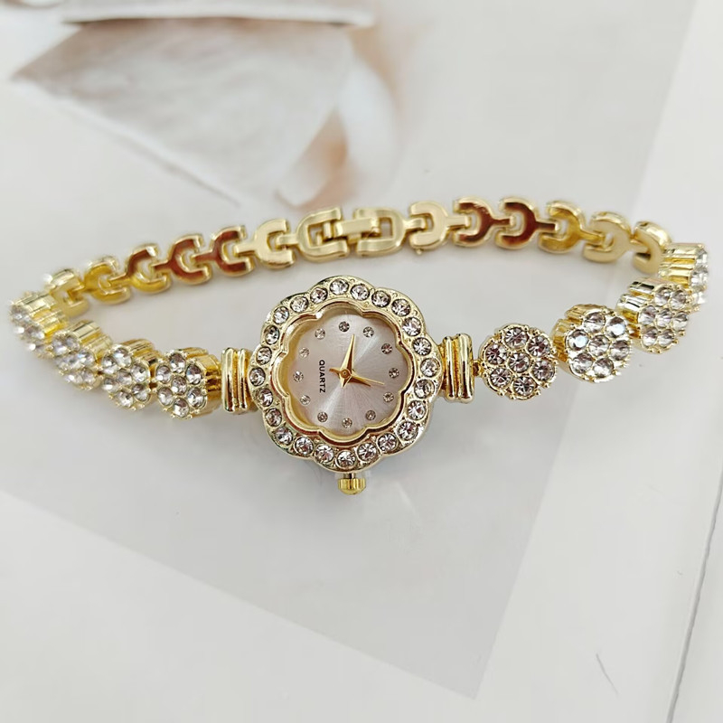 Ženski kvarcni sat s narukvicom, cvjetni dizajn s cirkonijima, elegantan stil, 24 mm brojčanik, kućište od legure, dekorativno svjetsko vrijeme