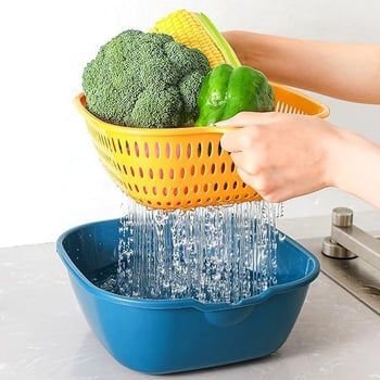 Plastična dvostruka posuda za pranje povrća s odvodom — višenamjenska kuhinjska i kućna posuda za voće i povrće