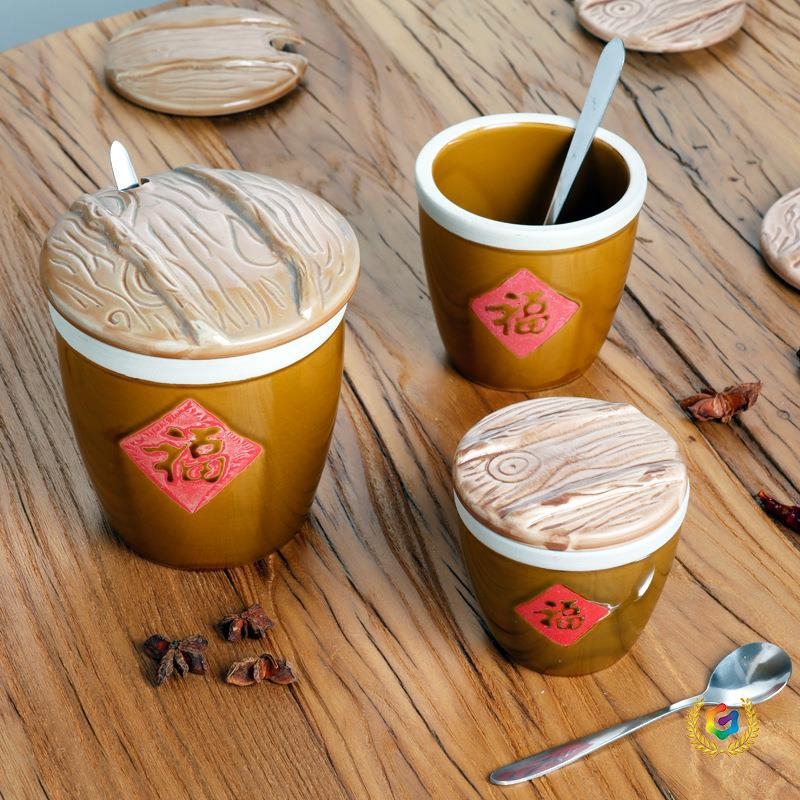 Ceramicna posuda za začine sa znakom sreće za kuhinju, pogodna za kućnu i poslovnu upotrebu, posuda za začine u kineskom stilu za sol i MSG