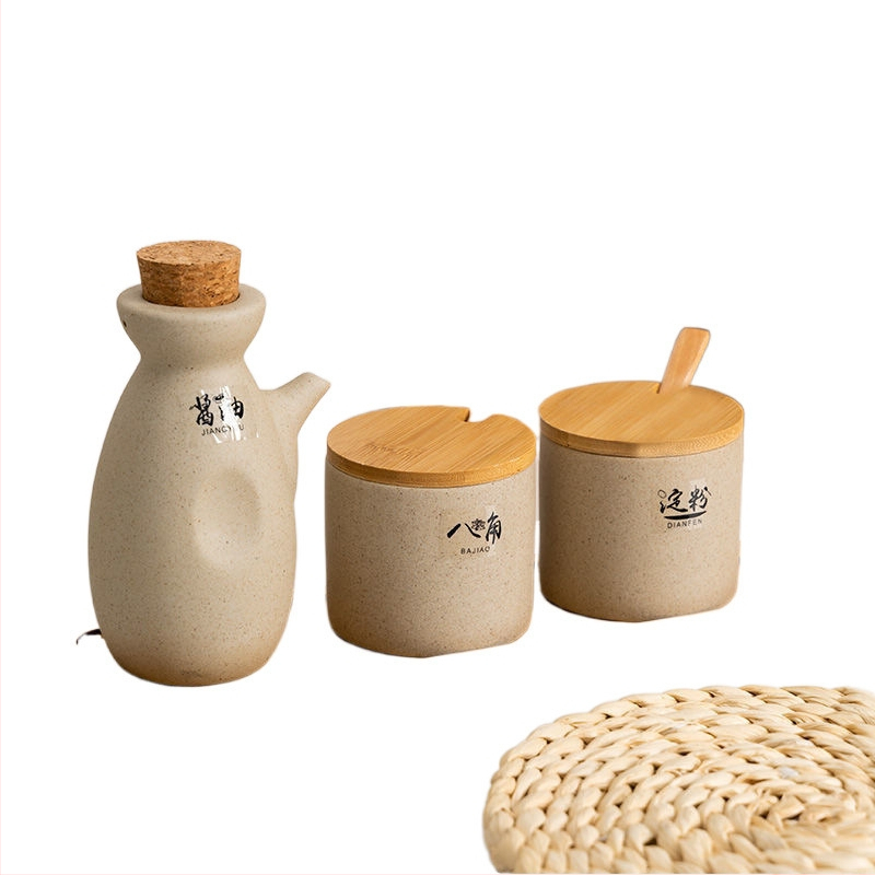 Keramički set začina u japanskom stilu za kućnu kuhinju, posude za sol i MSG te kutija za začine, retro trodijelni set