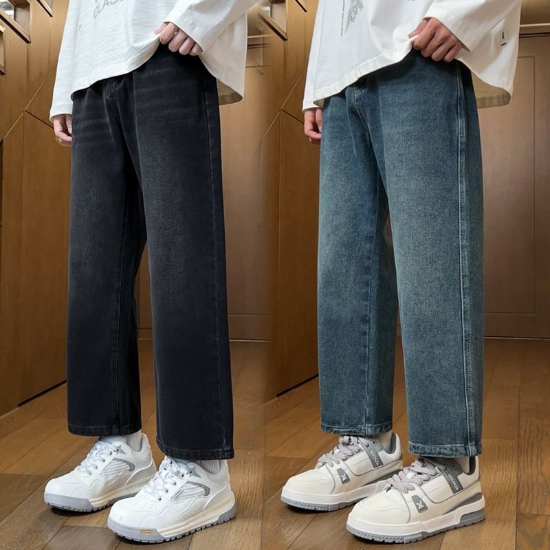 2025 őszi-téli férfi farmernadrág, bokáig érő hossz, retro stílus, egyenes szabás, laza, széles szárú denim