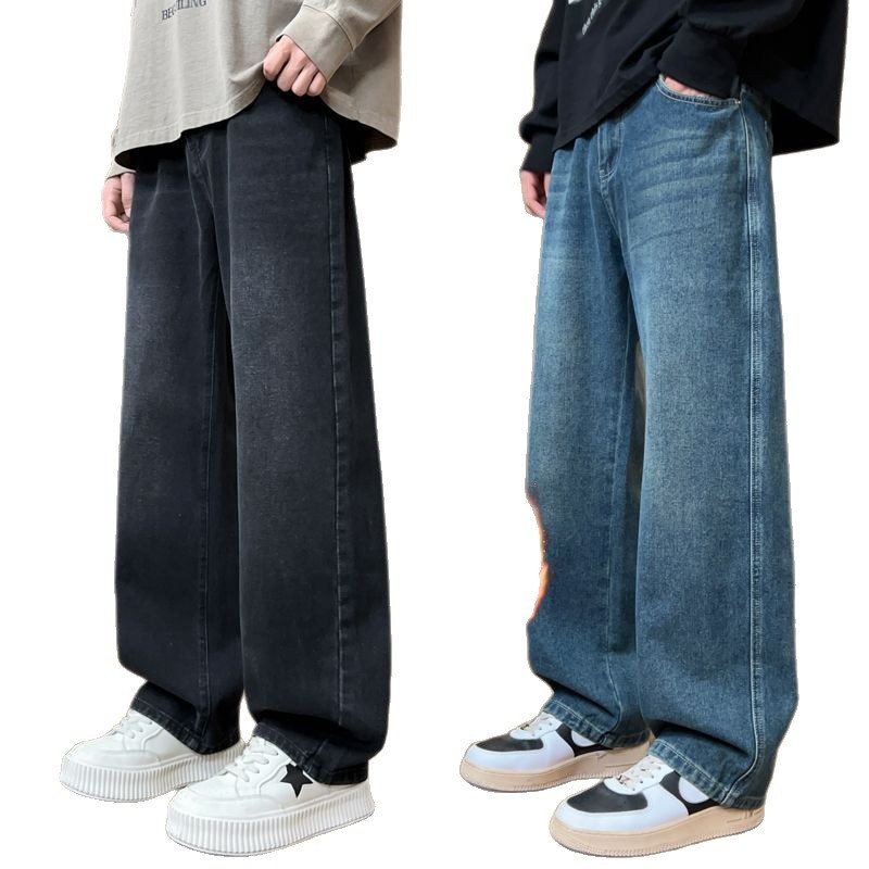 2025 őszi-téli férfi farmernadrág, bokáig érő hossz, retro stílus, egyenes szabás, laza, széles szárú denim
