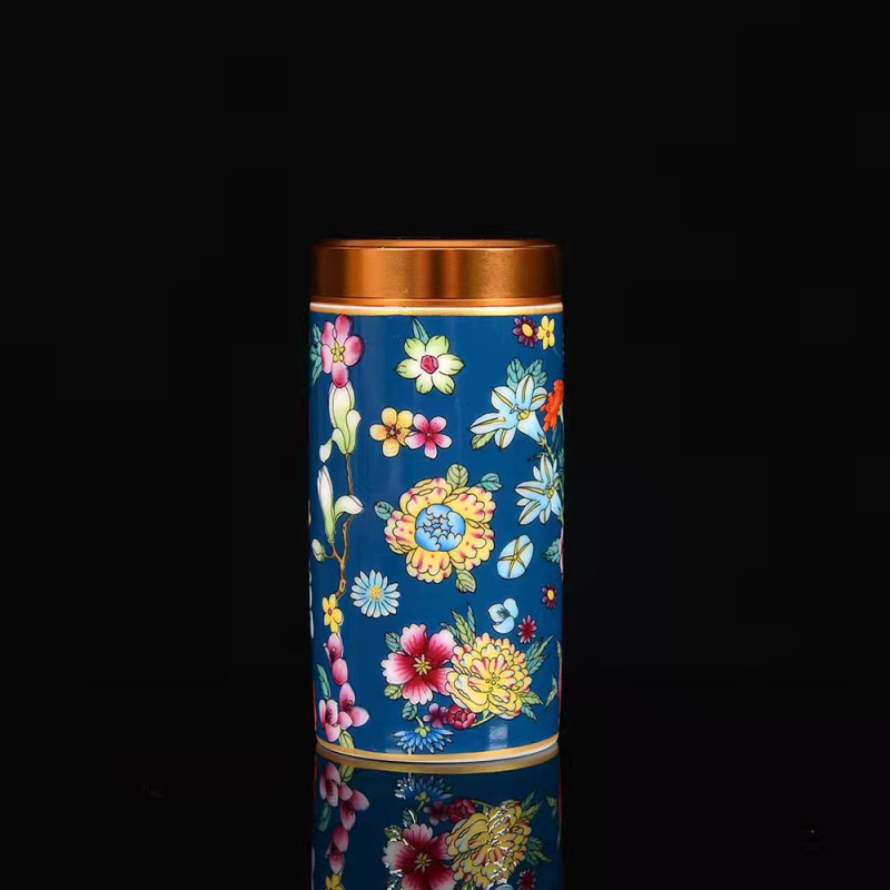 Emajlirana keramička posuda za čaj, mali prenosni hermetički zatvoreni spremnik za čaj, mini kutija za darove s prilagođenim logom, uzorak s emajliranim cvjetnim motivom, retro stil, 120 ml