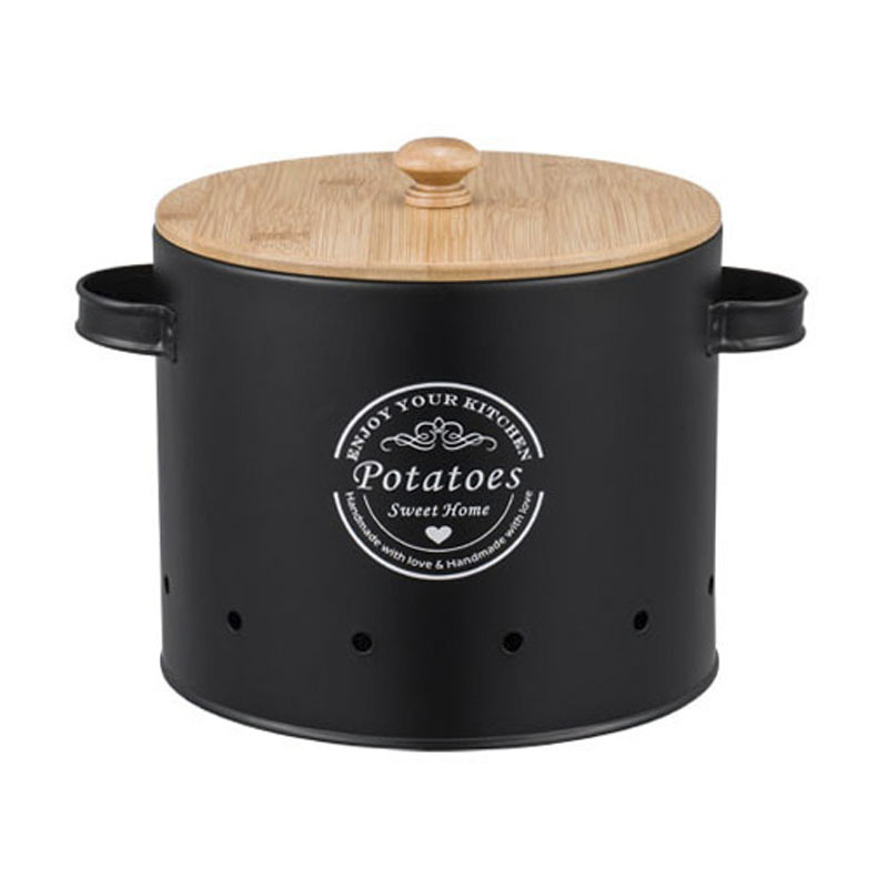 Prozračna kuhinjska kutija za pohranu krumpira, luka i češnjaka, s drvenim poklopcem i metalnim posudom, kapacitet 3,1–4 L, okrugla, moderni minimalistički stil, uključuje oljuštivač lubenice