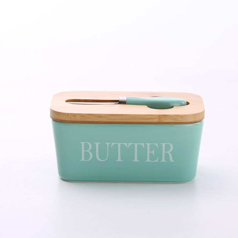 Cutie dreptunghiulară din ceramică pentru unt, capac din bambus și cuțit, cutie de brânză în stil occidental