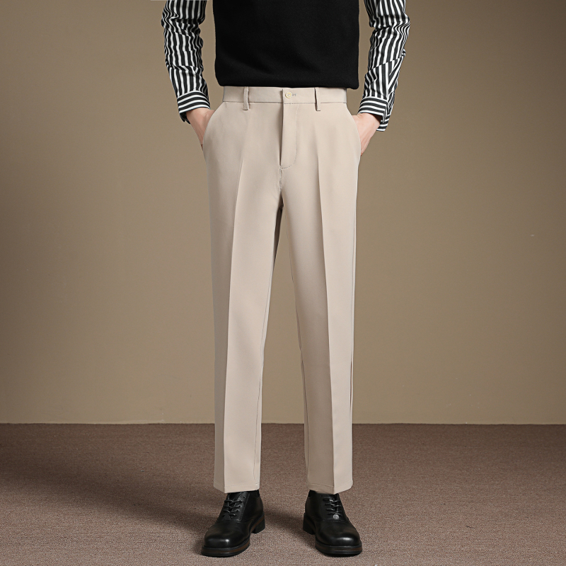 Őszi–téli férfi nadrág drapírozott esés, gyűrődésálló, slim-fit, egyenes szabás, koreai stílusú üzleti cropped nadrág