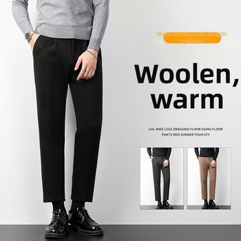 Férfi gyapjúból készült egyenes szabású nadrág fleece béléssel, meleg tavaszra és őszre