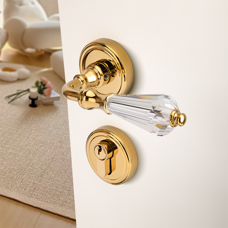 Unutarnja kvaka od čistog bakra sa srebrnim završetkom i tihim radom, kvaka za vrata s francuskim kristalom za spavaću sobu