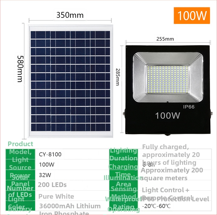 Solarni LED reflektor za vanjsku upotrebu, IP66, vrtno osvjetljenje 100-200W