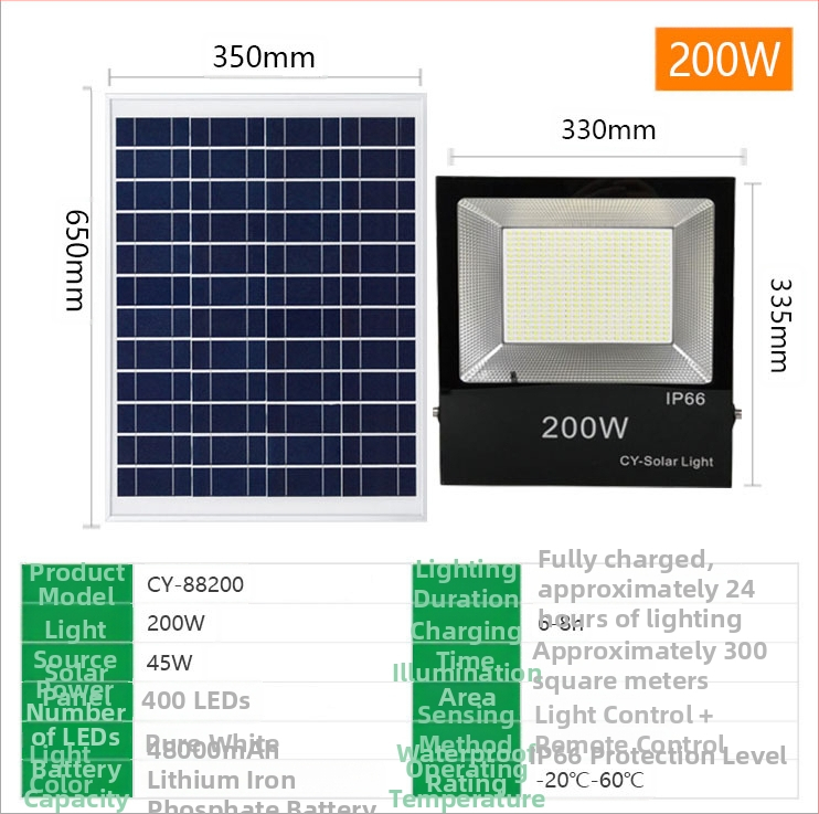 Solarni LED reflektor za vanjsku upotrebu, IP66, vrtno osvjetljenje 100-200W