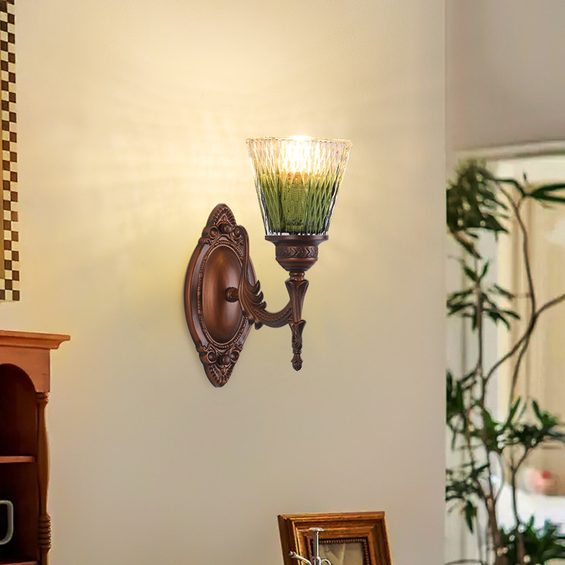 Nordijska retro stenska lampa s drvenim tijelom i šarenim staklom, minimalistički wabi-sabi dizajn za spavaću sobu i hodnik