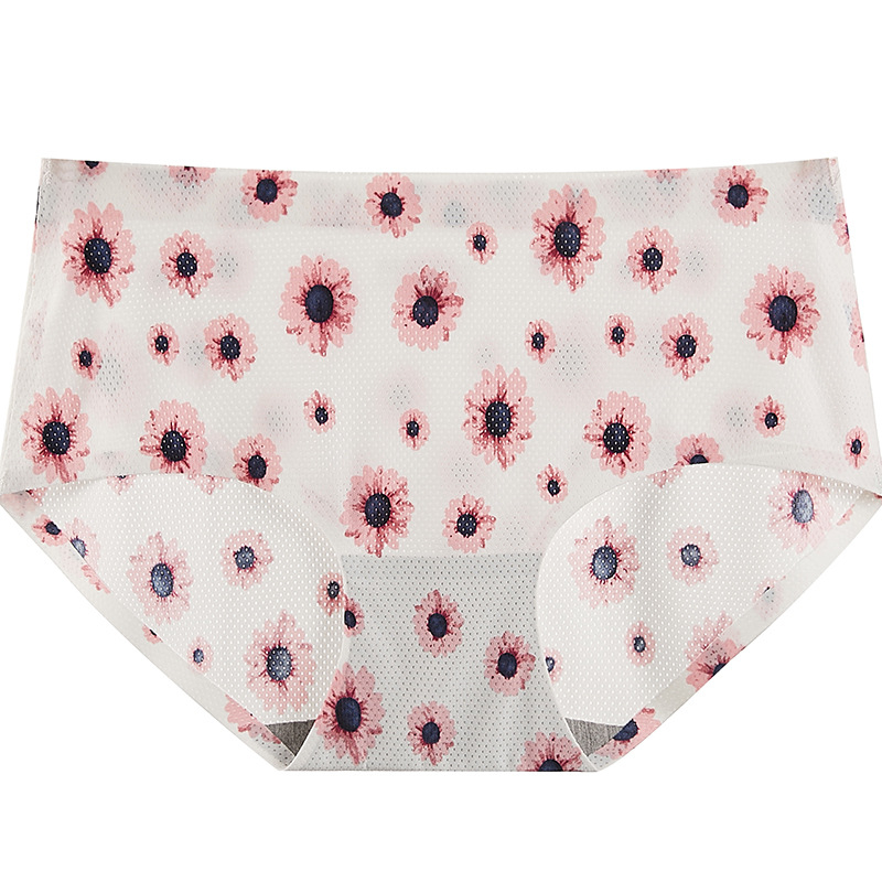 Ženske gaćice sa srednjim strukom, Ice Silk, cvjetni uzorak, prozračan, pamukasta podstava, lagani ljetni stil, Plus Size