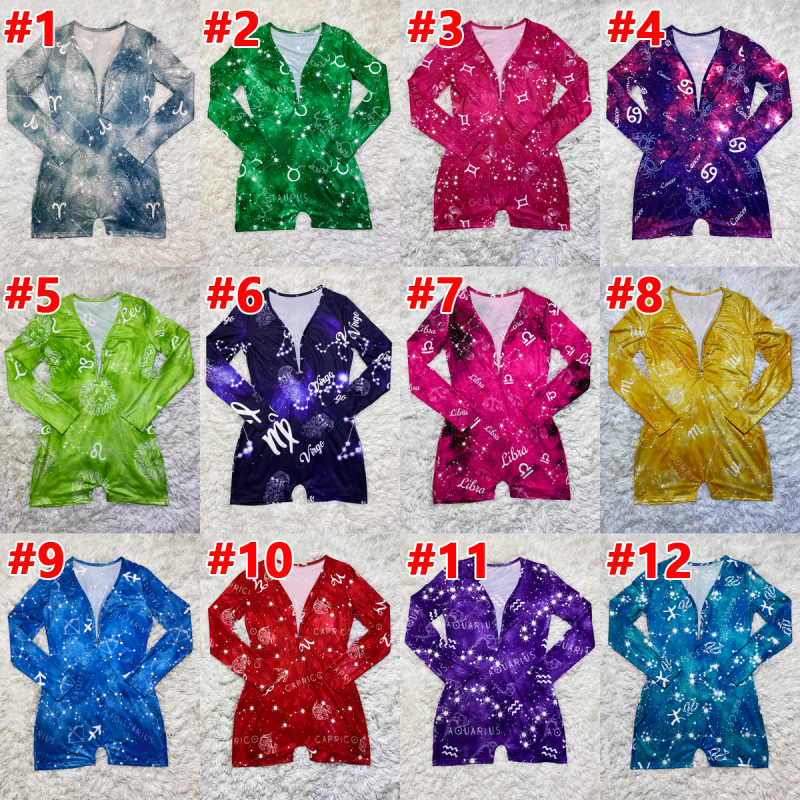 D9450 Salopetă de casă cu imprimeu de constelații, mâneci lungi și pantaloni scurți, pentru femei