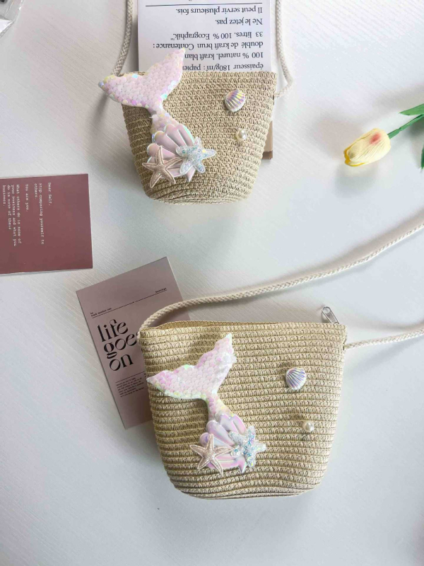 Ljetna torbica s morskom sirenom od papira, pletena crossbody mini novčanik, za djevojčice, sladak prinčevski dizajn, torbica za telefon